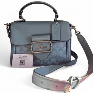Coach Blue Signature Leather Top-Handle Satchel with Crossbody Strap